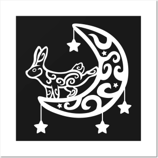 Moon Bunny Tribal Tattoo White Posters and Art